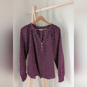 Floral Smocked Wrist Henley with 1/4 Button Down Closure In Plum